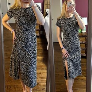 NATURAL by KNOWN SUPPLY Black Tan Cream Ditsy Floral Midi Dress Side Slit Small